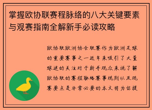 掌握欧协联赛程脉络的八大关键要素与观赛指南全解新手必读攻略